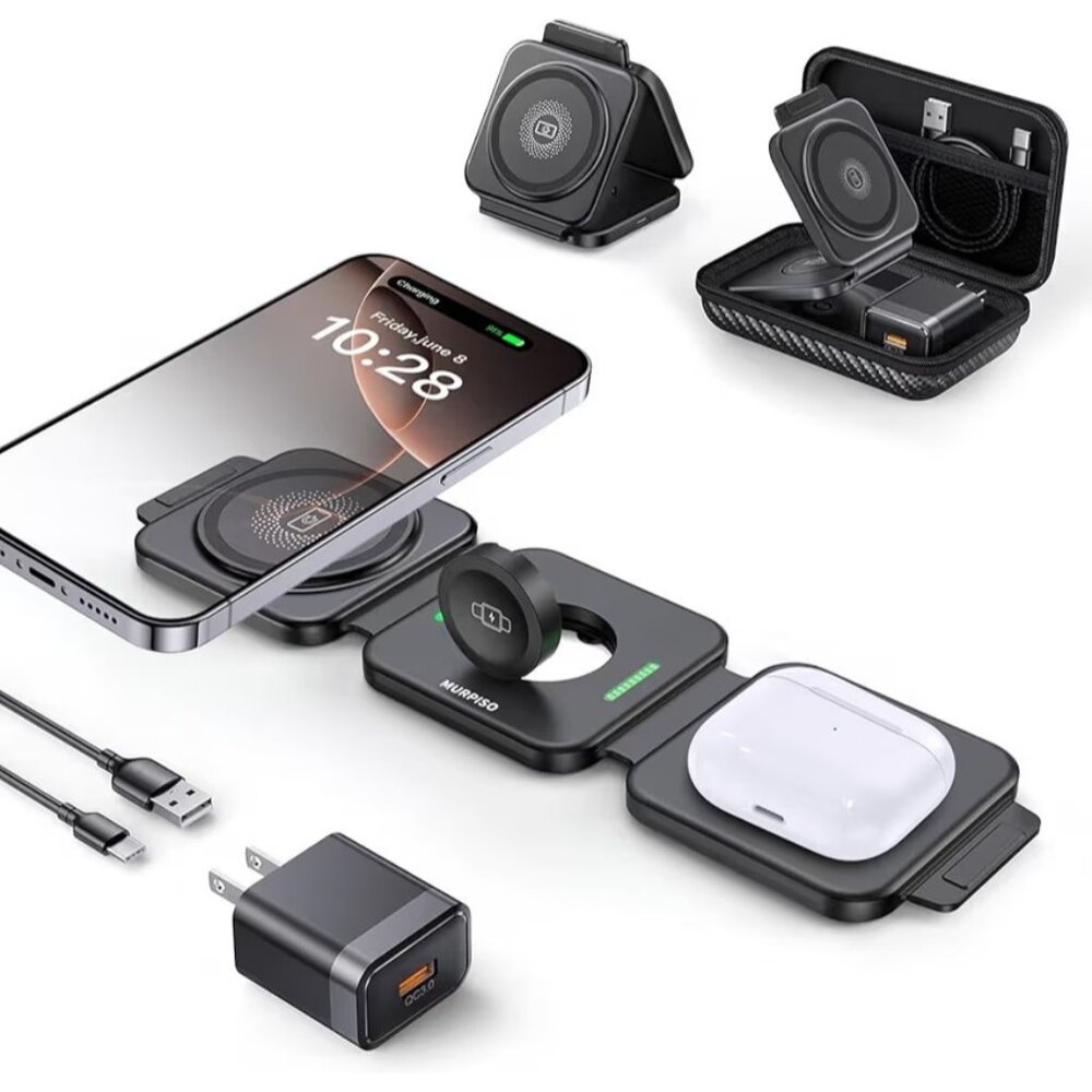 Foldable 3 in 1 Wireless Portable Magnetic Charging Station for Apple with case